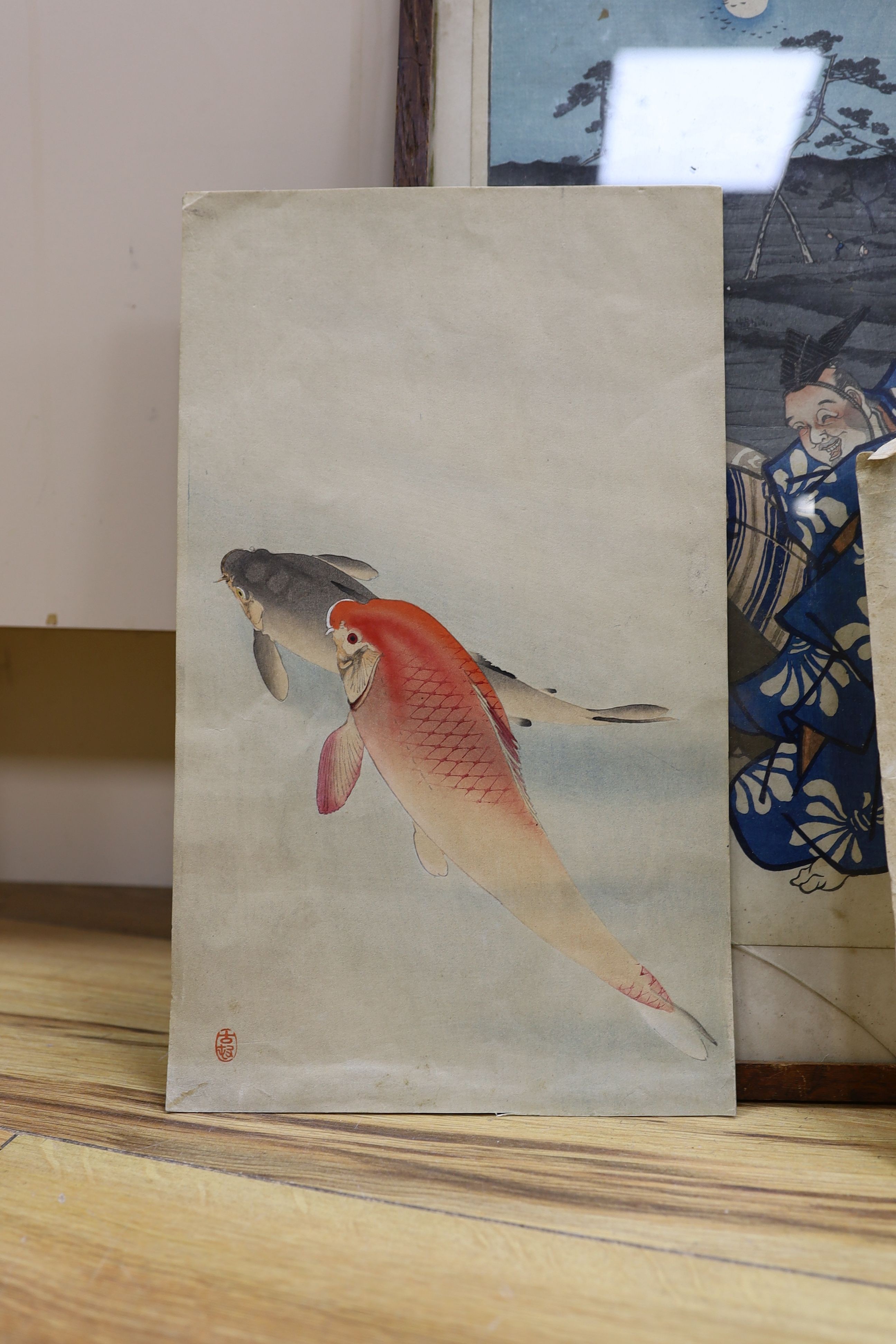 Ohara Koson, woodblock print, Two carp, 32 x 19cm, together with two other Japanesew woodblock prints